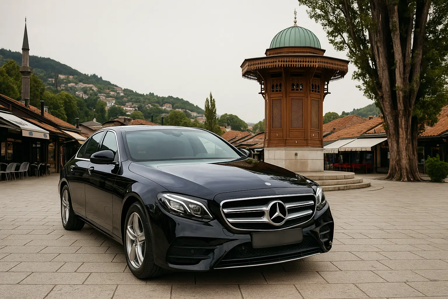 Black Mercedes sedan at Sebilj fountain in Baščaršija, Sarajevo